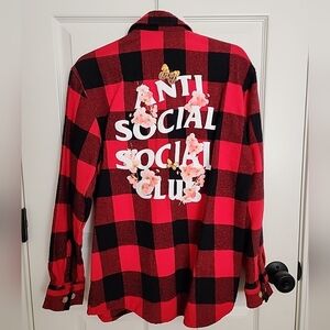 Anti Social Social Club Red Bottom Up Flannel Cherry Blossoms SMALL 100% Cotton